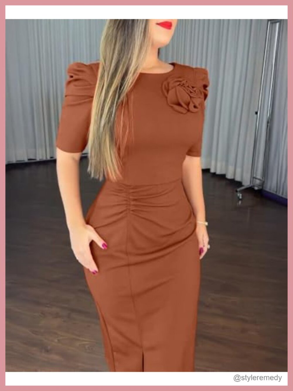 Chicme Bodycon Midi Dress With Puff Sleeves Cocktail Pencil Dress For Women View 4